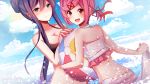  2girls :d artist_name ball bangs bare_arms bare_shoulders beachball blue_sky blush breasts cleavage cloud collarbone commentary day doki_doki_literature_club eyebrows_visible_through_hair fang frills hair_between_eyes hair_ornament hair_ribbon hair_up highres large_breasts long_hair looking_at_viewer multiple_girls natsuki_(doki_doki_literature_club) ocean open_mouth outdoors peachcak3 pink_hair purple_eyes purple_hair red_eyes red_ribbon ribbon short_hair sidelocks sky smile sparkle swept_bangs water x_hair_ornament yuri_(doki_doki_literature_club) 