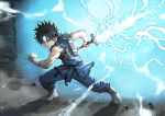  1boy bandaged_wrist bandages black_hair commentary_request dai_(dragon_quest) dragon_quest dragon_quest_dai_no_daibouken facial_mark forehead_mark glowing highres holding holding_sword holding_weapon jun_(seojh1029) lightning looking_at_viewer ponytail sheath short_hair sleeveless solo sword torn_clothes torn_sleeves weapon 