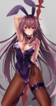  1girl absurdres animal_ears breasts bunny_ears cleavage cosplay fake_animal_ears fate/grand_order fate_(series) gae_bolg hairband highleg highleg_leotard highres kneeling leg_garter leotard long_hair looking_at_viewer pantyhose piercing_bunny playboy_bunny polearm purple_hair purple_hairband purple_leotard purple_neckwear red_eyes scathach_(fate)_(all) scathach_(fate/grand_order) scathach_(fate/grand_order)_(cosplay) smile spear strapless strapless_leotard user_uynr5373 very_long_hair weapon wrist_cuffs 