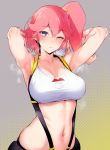  1girl aina_ardebit armpits arms_behind_head bangs belt_pouch blue_eyes blush breasts gloves hair_between_eyes hairband highres hizuki_akira large_breasts long_hair looking_at_viewer midriff navel one_eye_closed pink_hair pouch promare side_ponytail sports_bra steaming_body suspenders sweat tank_top upper_body white_gloves yellow_hairband 