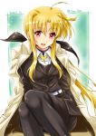  1girl belt black_jacket black_legwear black_skirt blonde_hair closed_mouth coat coat_on_shoulders commentary dated dress_shirt eyebrows_visible_through_hair fate_testarossa hair_ribbon highres jacket long_hair long_sleeves looking_at_viewer lyrical_nanoha mahou_shoujo_lyrical_nanoha_strikers medium_skirt military military_uniform neck_ribbon pantyhose pencil_skirt ponytail red_eyes ribbon san-pon shirt sidelocks sitting skirt smile solo sparkle trench_coat tsab_executive_military_uniform twitter_username uniform very_long_hair white_belt white_coat white_shirt yellow_neckwear 