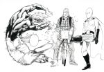  absurdres backpack bag bald belt bicycle bodysuit cape checkered checkered_shirt closed_mouth garou_(one-punch_man) gloves ground_vehicle hair_slicked_back highres jitome kicking king_(one-punch_man) long_sleeves motion_blur murata_yuusuke official_art one-punch_man pants parted_lips saitama_(one-punch_man) scan scar scar_across_eye shirt shoes simple_background traditional_media white_background wide-eyed 