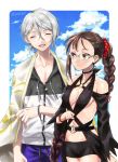  1boy 1girl bare_shoulders beach black_shorts black_swimsuit blue_shorts blue_sky blush braid braided_ponytail breasts brown_eyes brown_hair choker cleavage closed_eyes collarbone consort_yu_(fate) detached_sleeves earrings fate/grand_order fate_(series) gao_changgong_(fate) glasses grey_jacket hair_ornament hair_scrunchie halterneck hat highres jacket jewelry long_hair long_sleeves medium_breasts multiple_earrings navel o-ring ribbon_trim scrunchie seeds328 short_ponytail short_shorts shorts silver_hair sky smile straw_hat swimsuit thighs very_long_hair 