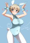  1girl absurdres animal_ears armpits blonde_hair blue_background blue_eyes blue_leotard blush brave_witches breasts bunny_ears bunny_pose bunny_tail cameltoe closed_mouth covered_navel eyebrows_visible_through_hair fake_animal_ears fake_tail highres large_breasts leotard looking_at_viewer necktie nikka_edvardine_katajainen pantyhose playboy_bunny shiny shiny_hair shiny_skin short_hair simple_background solo sweat tail tricky_46 white_legwear world_witches_series 