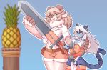  aegis_(infinitedge2u) anthro armor blue_body blue_fur bottomwear clothing dobrota domestic_cat duo felid feline felis female food fruit fur garter_straps green_eyes hi_res holding_object holding_sword holding_weapon mammal melee_weapon pineapple plant shirt shorts sword tied_shirt topwear weapon 