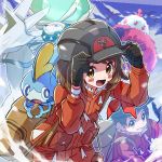  1boy 1girl :d adjusting_clothes adjusting_headwear backpack bag black_gloves blush brown_hair calyrex character_request commentary_request dynamax_band gen_8_pokemon gloria_(pokemon) gloves helmet highres jacket kingin legendary_pokemon long_sleeves looking_at_viewer medium_hair open_mouth pokemon pokemon_(creature) pokemon_(game) pokemon_swsh red_jacket short_hair smile sobble thumbs_up victor_(pokemon) wristband yellow_eyes 