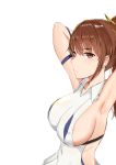  1girl absurdres armpits arms_behind_head azur_lane breasts brown_eyes brown_hair covered_nipples dead_or_alive dress eyebrows_visible_through_hair highres kasumi_(doa) long_hair no_bra ponytail revealing_clothes see-through sideboob simple_background solo theos upper_body white_background white_dress 