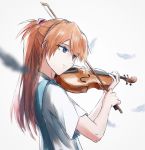  1girl bangs blue_eyes blurry blurry_background blurry_foreground bow_(instrument) commentary depth_of_field from_side hair_ornament highres holding holding_instrument instrument interface_headset long_hair looking_ahead music neon_genesis_evangelion parted_lips playing_instrument red_hair school_uniform shirt short_sleeves sketch solo souryuu_asuka_langley two_side_up upper_body violin white_background white_feathers white_shirt yakisobaosu 