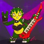  anthro breasts ceratopsian cleavage clothed clothing dinosaur female fionthebunny hevisaurus hi_res horn keyboard_instrument keytar looking_at_viewer milli_pilli musical_instrument navel non-mammal_breasts ornithischian power_metal reptile scalie simple_background smile solo solo_focus triceratops 