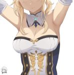  1girl armpits arms_up artist_name blonde_hair blush breasts cleavage closed_mouth detached_collar detached_sleeves gem genshin_impact head_out_of_frame highres jean_gunnhildr keihh large_breasts sidelocks white_background 
