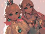  2girls aqua_eyes artist_name bangs bellhenge blonde_hair blush bracelet breasts brooch closed_mouth crown dress dutch_angle earrings emerald_(gemstone) glint grey_background jewelry long_hair looking_at_viewer mario_(series) medium_breasts multiple_girls necklace parted_bangs pearl_necklace pink_nails pointy_ears princess_peach princess_zelda puffy_short_sleeves puffy_sleeves short_sleeves simple_background smile super_smash_bros. the_legend_of_zelda upper_body white_dress 