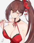  1girl azur_lane bare_shoulders blush bow breasts brown_eyes brown_hair cleavage closed_mouth eyeliner fingernails flower hair_between_eyes hair_bow hair_flower hair_ornament hand_up hayabusa highres large_breasts long_hair looking_at_viewer makeup neck_ribbon one_eye_closed ponytail red_flower red_nails red_neckwear red_ribbon ribbon signature simple_background smile solo upper_body very_long_hair white_background zuikaku_(azur_lane) 