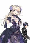  1boy 1girl :d absurdres armpit_crease bangs bare_shoulders black_gloves blonde_hair blue_eyes blue_flower breasts corset cowboy_shot dark_persona deiku_shiruba finger_to_mouth flower gloves hair_flower hair_ornament highres long_hair looking_at_viewer maou_toubatsu_shita_ato_medachitakunai_node_guild_master_ni_natta medium_breasts milka_iris naruse_hirofumi novel_illustration official_art open_mouth overskirt see-through simple_background skirt_hold smile white_background 