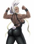  1girl animal_ears ass back blonde_hair boku_no_hero_academia brown_eyes bunny_ears bunny_tail clenched_hands dark_skin grin long_hair looking_at_viewer mirko muscle muscular_female one-piece_swimsuit shibusun simple_background smile solo swimsuit tail white_background 