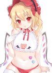  1girl animal_print apron bandaid bandaid_on_navel bare_shoulders bat_print bat_wings bear_print bib blonde_hair blush bonnet choker closed_mouth collarbone commentary_request cowboy_shot crystal flandre_scarlet gloves hair_between_eyes hand_on_own_chest heart highres index_finger_raised kei_(hidden) looking_at_viewer nail_polish naked_apron navel neck_ribbon one_side_up panties red_eyes red_headwear red_nails red_neckwear red_panties red_ribbon ribbon ribbon_choker short_hair signature simple_background sitting solo stuffed_animal stuffed_toy sweat teddy_bear thighhighs touhou underwear white_background white_gloves white_legwear wings 