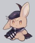  1girl ahoge animal animal_ears animalization arknights beret black_headwear blush brown_hair bunny bunny_ears cloak closed_mouth commentary_request grey_background hair_between_eyes hat no_humans no_nose orange_eyes plume_(arknights) sasa_onigiri serious simple_background solo 