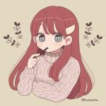  1girl aran_sweater barrette blue_eyes bright_pupils cropped_torso crossed_arms eating food highres holding holding_food long_hair long_sleeves nokanok original pocky red_hair sidelocks solo sweater symbol_commentary twitter_username upper_body white_pupils 