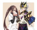  1boy 1girl akuta_hinako bangs black-framed_eyewear black_sweater blush breasts brown_eyes brown_hair capelet chinese_clothes churro closed_eyes command_spell doughnut dress earrings fate/grand_order fate_(series) food fou_(fate/grand_order) gao_changgong_(fate) glasses holding holding_food horned_mask jewelry long_hair long_sleeves masked medium_breasts multiple_earrings open_mouth ribbed_sweater sash seeds328 short_hair silver_hair smile sweater turtleneck turtleneck_sweater twintails very_long_hair white_dress 