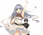  1boy 1girl :d absurdres arm_up armpits bangs black_hair blue_eyes breasts brown_hair clenched_hand contrapposto cowboy_shot deiku_shiruba dress elbow_gloves eyebrows_visible_through_hair gloves gradient_hair hairband highres layered_dress long_hair looking_at_viewer maou_toubatsu_shita_ato_medachitakunai_node_guild_master_ni_natta multicolored_hair naruse_hirofumi novel_illustration official_art open_mouth shiny shiny_hair short_dress silver_hair simple_background sleeveless sleeveless_dress small_breasts smile sufia_(maou_toubatsu_shita_ato) textless thighs upskirt very_long_hair white_background white_dress white_gloves yellow_hairband 