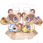  2boys animal_crossing apron blue_apron brewster_(animal_crossing) cake cake_slice candy chef_hat chef_uniform cherry coffee copyright_name dom_(animal_crossing) eloise_(animal_crossing) food fork fruit grey_background hat holding isabelle_(animal_crossing) jacket looking_at_viewer multiple_boys neckerchief plate rover_(animal_crossing) ryota_(ry_o_ta) simple_background timmy_(animal_crossing) tommy_(animal_crossing) white_jacket wooden_floor yellow_apron 
