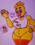  &lt;3 animatronic anthro avian beak bib bird chica_(fnaf) chicken clothing deezypeezy dialogue duo english_text female five_nights_at_freddy&#039;s five_nights_at_freddy&#039;s_2 food galliform gallus_(genus) hand_on_hip head_tuft holding_food holding_object looking_at_viewer machine navel panties phasianid pink_clothing pink_underwear pizza purple_eyes raised_arm robot slightly_chubby smile speech_bubble text toy_chica_(fnaf) traditional_media_(artwork) tuft underwear video_games yellow_body 
