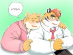  2020 4:3 anthro blush canid canine canis clothing domestic_dog duo felid hoodie hug humanoid_hands kemono male male/male mammal noichi_53 overweight overweight_male pantherine shirt text tiger topwear 