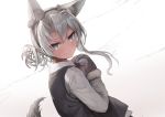  1girl absurdres animal_ear_fluff animal_ears asymmetrical_hair bangs dress_shirt fake_animal_ears fake_tail flipped_hair gloves hair_between_eyes hands_on_own_chest highres kantai_collection long_hair long_sleeves nowaki_(kantai_collection) paw_gloves paws shirt silver_eyes silver_hair solo swept_bangs tail upper_body vest white_background wolf_ears wolf_tail yashiro 