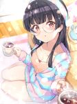 1girl bangs black_hair blurry blurry_background blush breasts brown_camisole camisole collarbone commentary couch cup depth_of_field eyebrows_visible_through_hair glasses hairband holding holding_cup hood hood_down hooded_jacket idolmaster idolmaster_shiny_colors jacket long_hair long_sleeves looking_at_viewer loungewear mayuzumi_fuyuko mug nail_polish parted_lips pink_nails red_eyes reward_available round_eyewear shiitake_taishi sleeves_past_wrists small_breasts solo striped_jacket stuffed_animal stuffed_toy wooden_floor 