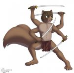  anthro bottomwear clothing hi_res kanrodstavoyan loincloth male mammal melee_weapon multi_arm multi_limb plantigrade rodent sciurid simple_background solo standing sword weapon 