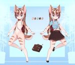  1girl :3 animal_ears artist_name bag bangs barefoot blue_background blue_eyes blue_outline blue_shirt blush breasts brown_footwear brown_hair cat_ears cat_girl cat_tail closed_mouth clothes_writing coffee_bean_hair_ornament color_guide commentary completely_nude english_commentary english_text eyebrows_visible_through_hair fang fang_out faux_text full_body furry hair_ornament hairclip happy heart highres leg_up light_blush long_hair looking_at_viewer methynecros midriff miniskirt multicolored_hair multiple_views navel no_nipples no_pussy nude original outline pawpads paws pleated_skirt shirt shoes short_sleeves sidelocks skin_fang skirt small_breasts smile standing standing_on_one_leg stomach streaked_hair symmetry tail two-tone_hair watermark white_hair 