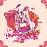 1girl :o arm_up aurora_sya_lis_kaymin bangs bare_shoulders blush_stickers bow brown_background candy_wrapper chibi crop_top curled_horns eyebrows_visible_through_hair fang gloves hacha_(hachaowo) hair_bow halloween_bucket happy_halloween holding horns long_hair looking_at_viewer maou-jou_de_oyasumi midriff navel open_mouth orange_bow orange_gloves outstretched_arm pleated_skirt pointy_ears purple_eyes purple_shirt purple_skirt shirt silver_hair skirt sleeveless sleeveless_shirt solo sparkle striped striped_legwear tail tail_bow tail_ornament thighhighs v-shaped_eyebrows very_long_hair 
