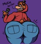  after_vore anthro belt big_butt butt clothing five_nights_at_freddy&#039;s freddy_(fnaf) hat head_tuft headgear headwear hoodie jacket looking_away machine male mammal microphone ohwhatamidoing red_clothing red_topwear robot scott_cawthon small_tail smile solo solo_focus thick_thighs top_hat topwear tuft ursid video_games vore 