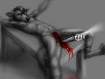  2020 4:3 anthro athletic athletic_male blood bodily_fluids bound canid canine canis captured castration curdog digital_media_(artwork) disembodied_hand duo forced furniture genital_mutilation genital_torture gore hair holding_knife holding_object holding_weapon imminent_rape knife male mammal nipples nosebleed nude penectomy pillow rope simple_background solo solo_focus spot_color table tears torture weapon wolf 