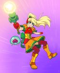  1girl absurdres alternate_costume blonde_hair blue_eyes blush_stickers boots bow gloves green_bow guilhermerm headphones highres looking_at_viewer magical_girl metroid metroid_(creature) ponytail red_gloves samus_aran smile thighhighs wand 