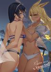  2girls animal_ears ass bikini black_hair blonde_hair blue_eyes blush breast_press breasts cleavage closed_mouth commission cowboy_shot dark_skin detexted dutch_angle final_fantasy final_fantasy_xiv from_side hairband halterneck hand_on_another&#039;s_face hood hooded_jacket hoodie horizon hyur jacket large_breasts miqo&#039;te multiple_girls navel night open_clothes open_hoodie open_jacket outdoors profile skeb_commission smile swimsuit symmetrical_docking tail thighs third-party_edit whisker_markings yamanokami_eaka yellow_eyes yuri 