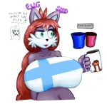  anthro beverage big_breasts breasts bucket cactuscacti clothing coffee coffee_mug colored_nails duo english_text felid feline female finnish_flag gondola_(spurdo) green_eyes hair holding_object huge_breasts mammal minda nails nipple_outline red_hair simple_background solo_focus text tongue tongue_out topwear tube_top 