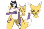  2019 black_hair black_sclera blue_eyes breasts canid canine canis clothing costume digimon digimon_(species) fox fox0808 fur gender_transformation genitals gloves grey_body grey_fur hair handwear licking licking_lips mammal markings mtf_transformation multicolored_body navel nipples open_mouth pink_nipples purple_markings pussy renamon standing suit_transformation teeth tongue tongue_out transformation white_body wolf yellow_body yellow_eyes 