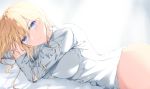  1girl bed_sheet blonde_hair blue_eyes bottomless breasts commentary genshin_impact highres jean_gunnhildr large_breasts long_hair long_sleeves looking_at_viewer lying on_bed on_side solo xi_ying 