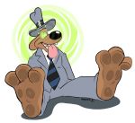  2020 3_toes anthro barefoot black_nose bodily_fluids brown_body brown_fur canid canine canis clothed clothing digital_drawing_(artwork) digital_media_(artwork) domestic_dog foot_focus fur green_eyes hi_res hypnosis male mammal manaozyfolf mind_control necktie sam_and_max samuel_dog signature simple_background solo spiral_eyes suit sweat text toes tongue tongue_out toony white_background 