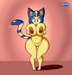  aladeen animal_crossing ankha_(animal_crossing) anthro big_breasts blue_eyes blue_hair blush breast_grab breast_squish breasts domestic_cat egyptian felid feline felis female fur genitals hair hand_on_breast hi_res huge_breasts mammal nintendo nipples pink_background pussy simple_background solo squish standing thick_thighs uraeus video_games wide_hips yellow_body yellow_fur 