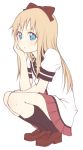  1girl bangs black_legwear blonde_hair blue_eyes bow brown_footwear chin_rest elbow_rest from_side hair_bow hand_on_own_chin highres kneehighs long_hair looking_at_viewer nanamori_school_uniform pontasu red_bow sailor_collar school_uniform serafuku shoes solo squatting toshinou_kyouko yuru_yuri 