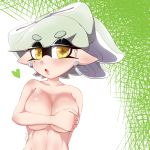  1girl blush breasts cleavage covering covering_breasts earrings eyebrows_visible_through_hair gradient gradient_background green_theme grey_hair hotaru_(splatoon) jewelry large_breasts mole mole_under_eye open_mouth skindentation splatoon_(series) symbol-shaped_pupils tentacle_hair thighhighs usa_(dai9c_carnival) yellow_eyes 