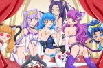  6+girls :3 aisaki_emiru animal_ears ass back bare_shoulders bechamel black_collar black_shirt blue_hair blue_panties blush breasts brown_hair cat_ears cat_tail collar collarbone commentary curtains detached_collar elbow_gloves feet_out_of_frame full_body garter_belt garter_straps gloves go!_princess_precure hugtto!_precure hummy_(suite_precure) kirakira_precure_a_la_mode kotozume_yukari kurokawa_eren large_breasts lingerie long_hair looking_at_viewer looking_back medium_breasts miss_siamour multiple_girls no_panties orange_eyes panties partially_fingerless_gloves precure purple_eyes purple_hair purple_panties red_eyes ruru_amour shirt sleeveless star_twinkle_precure suite_precure tail tategami_aoi thighhighs tongue tongue_out underwear white_legwear yellow_eyes yuni_(precure) 