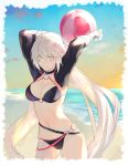  1girl absurdres ahoge ball beach beachball bikini black_bikini blonde_hair blue_sky border breasts cleavage closed_mouth contrapposto cowboy_shot day fate/grand_order fate_(series) gradient_sky hair_between_eyes hands_above_head hands_up highres jeanne_d&#039;arc_(alter_swimsuit_berserker) jeanne_d&#039;arc_(fate)_(all) large_breasts long_hair looking_at_viewer o-ring orange_sky outdoors sankomichi shrug_(clothing) sky smile solo standing swimsuit very_long_hair white_border yellow_eyes 