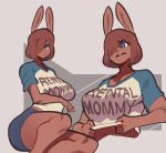  2020 anthro big_breasts blue_eyes bottomwear breasts brianne_(spikedmauler) brown_body brown_fur brown_hair buckteeth clothed clothing female fur hair hair_over_eye lagomorph leporid mammal meme multiple_images one_eye_obstructed open_mouth rabbit rental_mommy shirt short_hair shorts simple_background sitting solo spikedmauler teeth text text_on_clothing text_on_shirt text_on_topwear topwear 