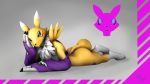  16:9 anthro big_butt blue_eyes butt chest_tuft claws clothing digimon digimon_(species) facial_markings fastflight feet female fur gloves handwear head_markings hi_res long_ears looking_at_viewer lying markings paws pose renamon simple_background smile solo suggestive_look tuft widescreen yellow_body yellow_fur 