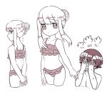  1boy 1girl arms_behind_back aurora_sya_lis_kaymin bangs bare_arms bikini blush braid closed_mouth collarbone covering_eyes cropped_legs curled_horns demon_cleric frilled_bikini frills hacha_(hachaowo) hair_bun horns looking_at_viewer maou-jou_de_oyasumi monochrome nose_blush sidelocks simple_background sweat swimsuit white_background 