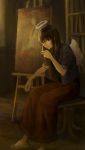  1girl absurdres bangs black_hair bookshelf chair cigarette closed_mouth denim denim_jacket easel expressionless full_body grey_eyes grey_wings haibane_renmei halo highres holding holding_cigarette indoors jacket long_hair long_skirt looking_at_viewer painting_(object) red_skirt reki satou_koromi sitting skirt sleeves_rolled_up smoking solo white_footwear wings 