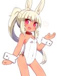  1girl :d animal_ear_fluff animal_ears bangs bare_shoulders blonde_hair blush bunny_ears bunny_girl bunny_tail collar collarbone commentary_request dark_skin eyebrows_visible_through_hair hand_up heart heart-shaped_pupils highres leotard long_hair masurao_(sekaiju) naga_u open_mouth ponytail red_collar red_eyes sekaiju_no_meikyuu sekaiju_no_meikyuu_5 short_eyebrows sidelocks simple_background smile solo strapless strapless_leotard symbol-shaped_pupils tail thick_eyebrows upper_teeth very_long_hair white_background white_leotard wrist_cuffs 