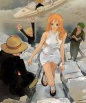  1girl 4boys :d arms_up bag bare_shoulders blonde_hair boat bracelet commentary crossed_arms dress feleven green_hair hair_over_one_eye hat heart heart_eyes jewelry long_hair monkey_d._luffy multiple_boys nami_(one_piece) one_piece orange_hair roronoa_zoro sanji sleeveless smile straw_hat symbol-only_commentary usopp walking watercraft white_dress 